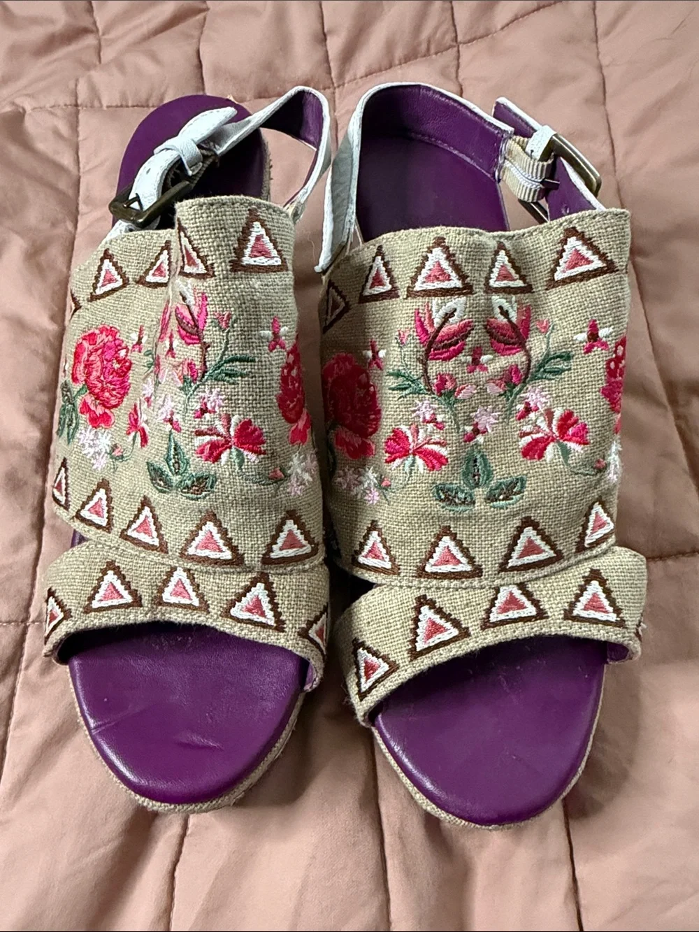 Sharif Beige Embroidered Floral Wedge Sandals with Pink and Purple Details